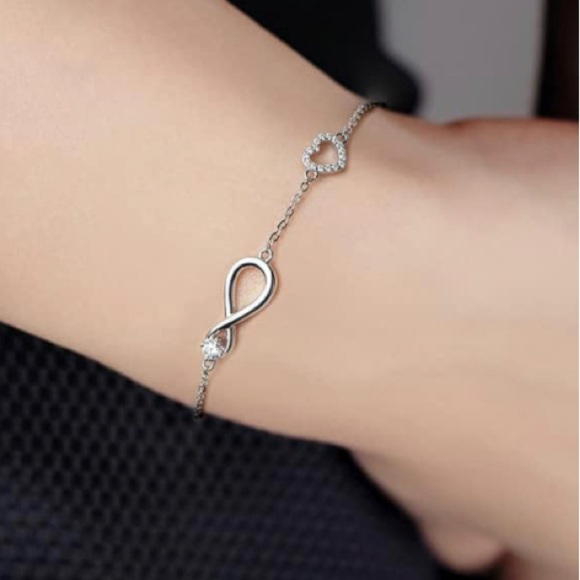 Diamond Moissanite Solitaire Infinity & Pave Heart Dainty Chain Bracelet - Picture 6 of 9